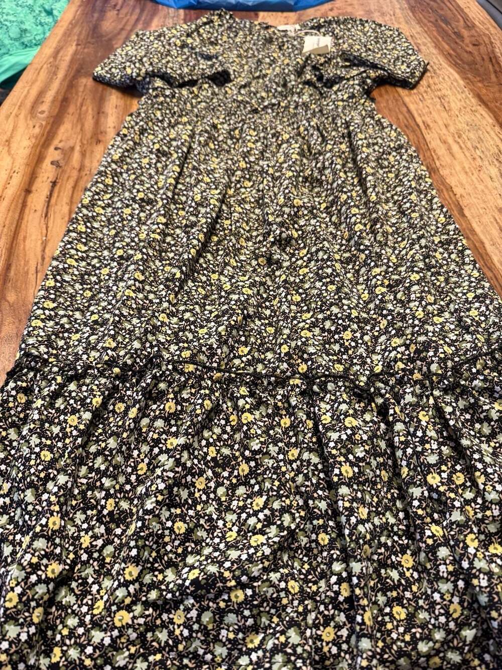 Orange Creek Black Ditsy Floral Smocked Waist Tiered Maxi Dress L boho